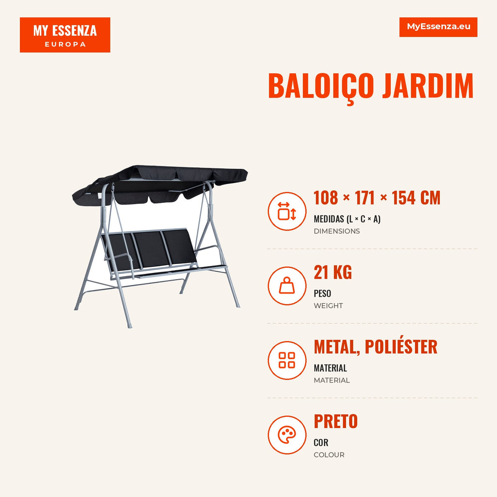 3-Seater Garden Swing with Adjustable Canopy and Breathable Backrest — Infografia PT (medidas)