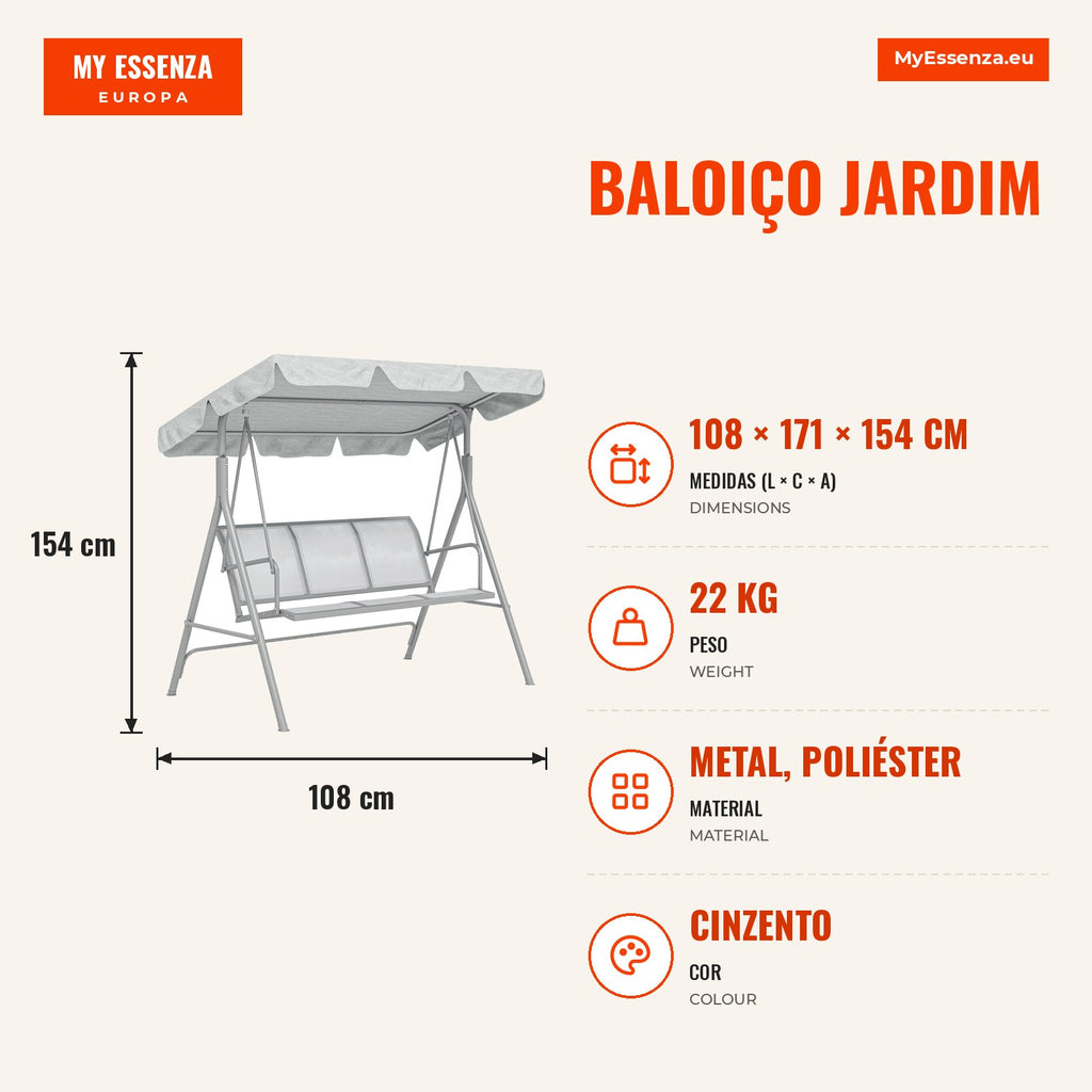 Baloiço Jardim de 3 Lugares com Toldo Ajustável Encosto Respirável e Estrutura de Metal para Terraço Balcão Exterior Car — Infografia PT (medidas)