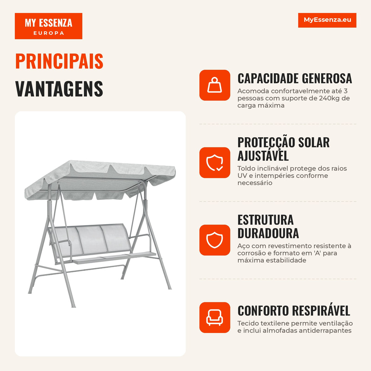 Baloiço Jardim de 3 Lugares com Toldo Ajustável Encosto Respirável e Estrutura de Metal para Terraço Balcão Exterior Car — Infografia PT (vantagens)
