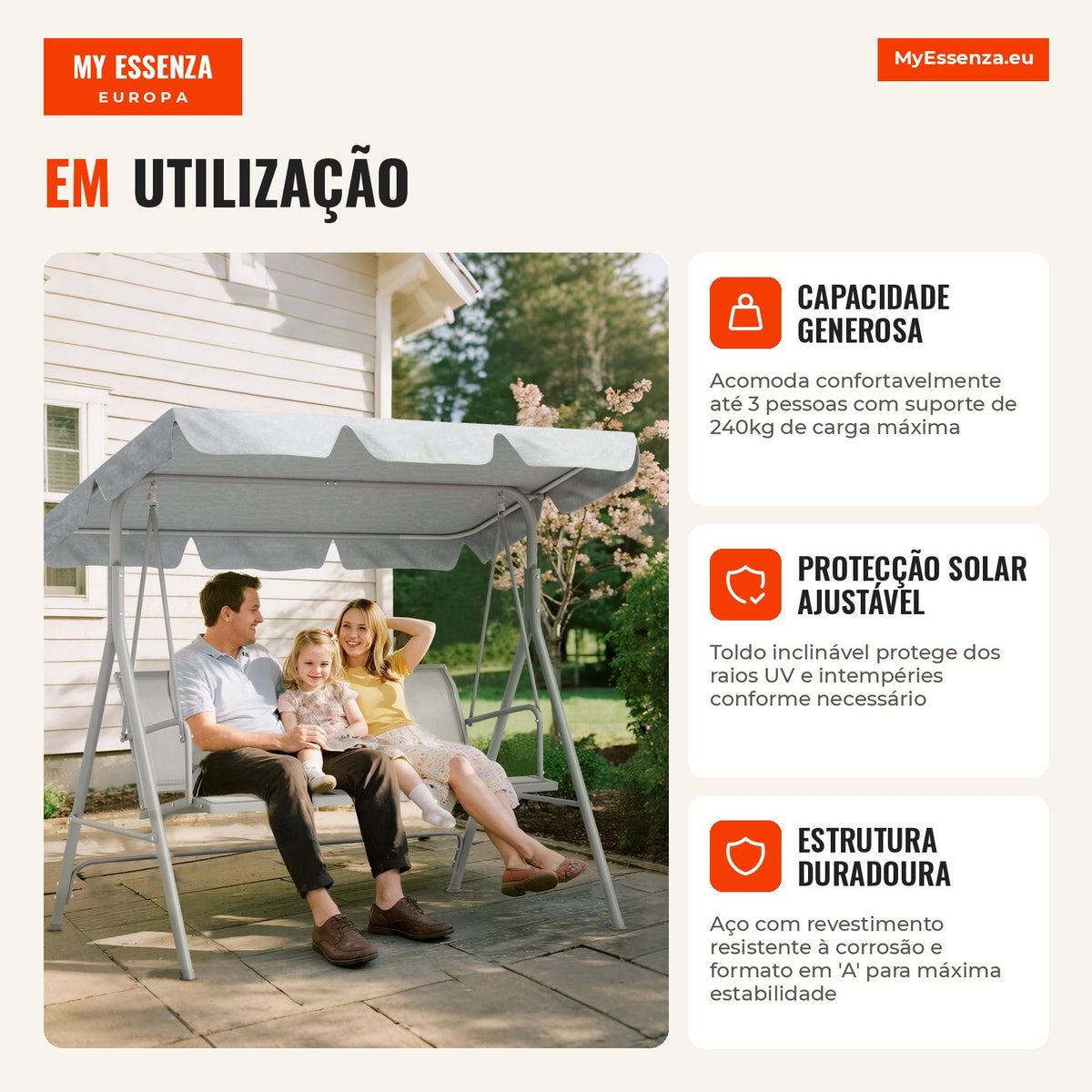 Baloiço Jardim de 3 Lugares com Toldo Ajustável Encosto Respirável e Estrutura de Metal para Terraço Balcão Exterior Car — Infografia PT (em utilização)