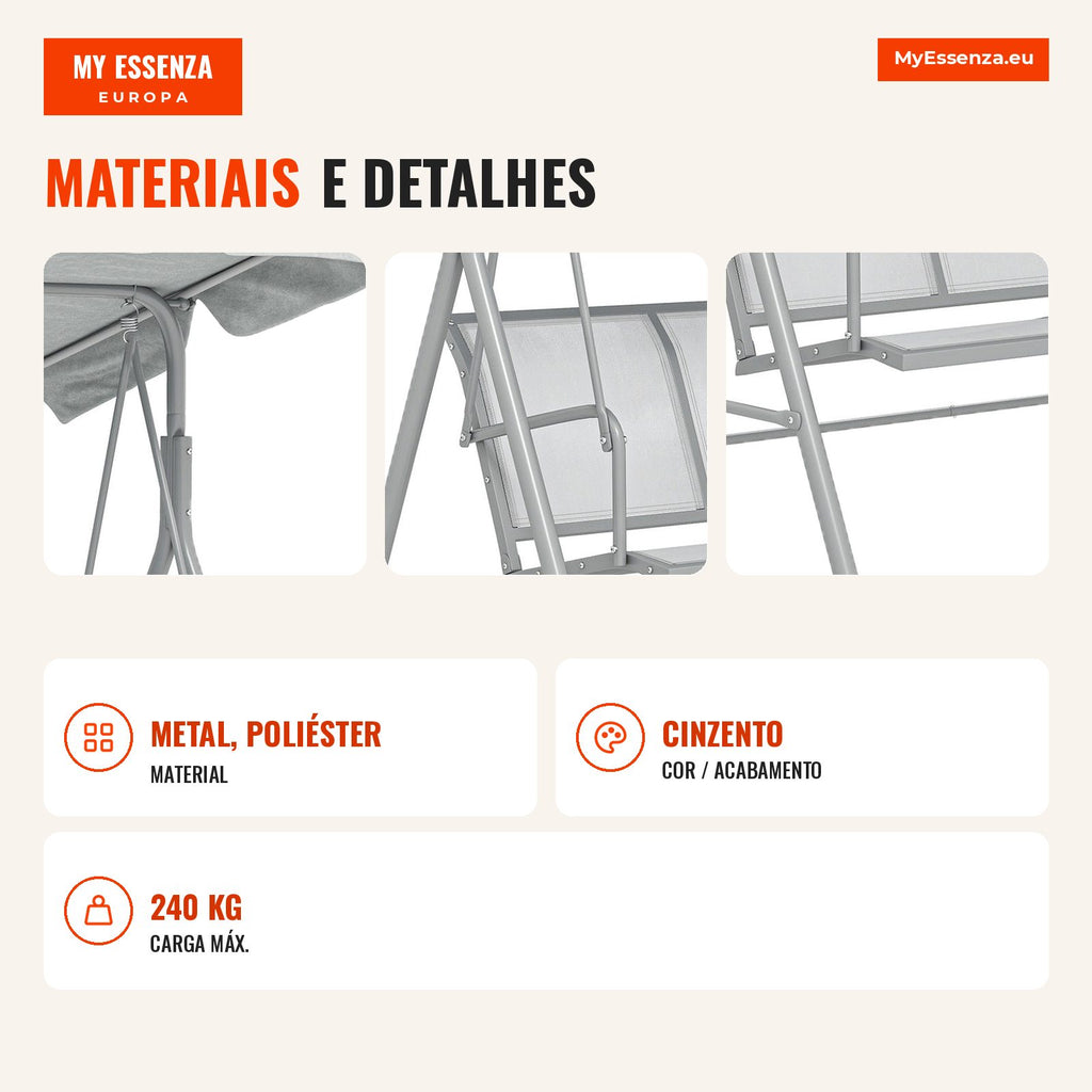 Baloiço Jardim de 3 Lugares com Toldo Ajustável Encosto Respirável e Estrutura de Metal para Terraço Balcão Exterior Car — Infografia PT (materiais e detalhes)