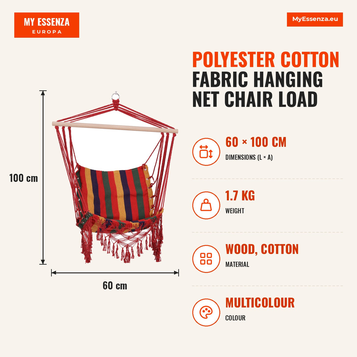 Polyester Cotton Fabric Hanging Net Chair Load 120 kg Multicolor — Infografia EN (medidas)