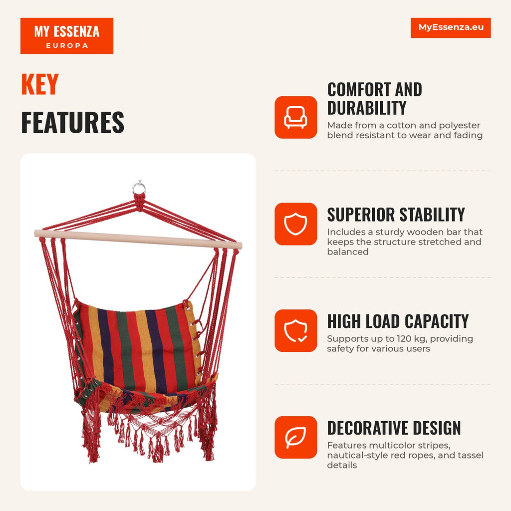 Polyester Cotton Fabric Hanging Net Chair Load 120 kg Multicolor — Infografia EN (vantagens)