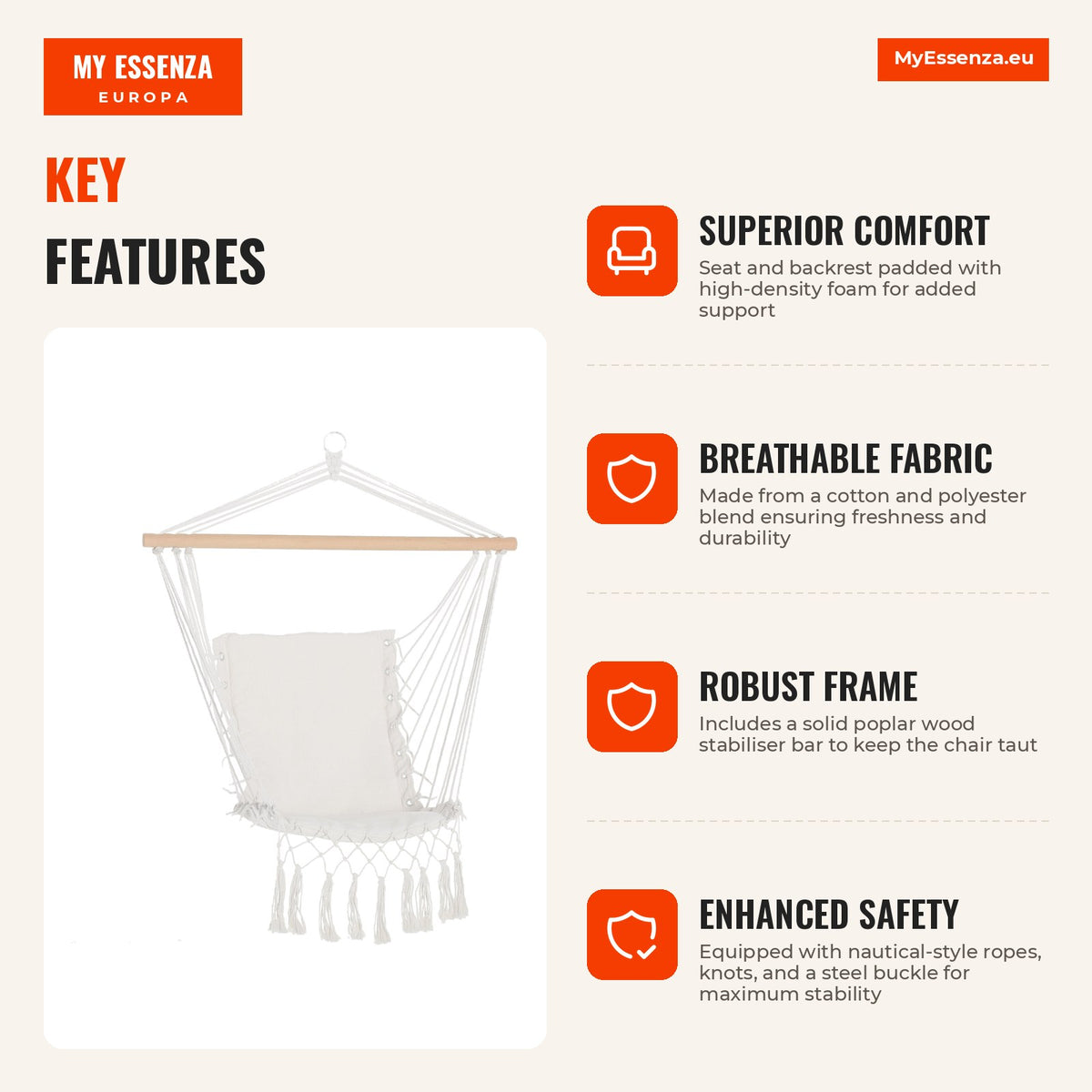 Hanging Chair with Tassels Cotton Hammock Chair 120 kg Capacity Modern Swing Chair for Indoor and Outdoor 90x50 cm Beige — Infografia EN (vantagens)