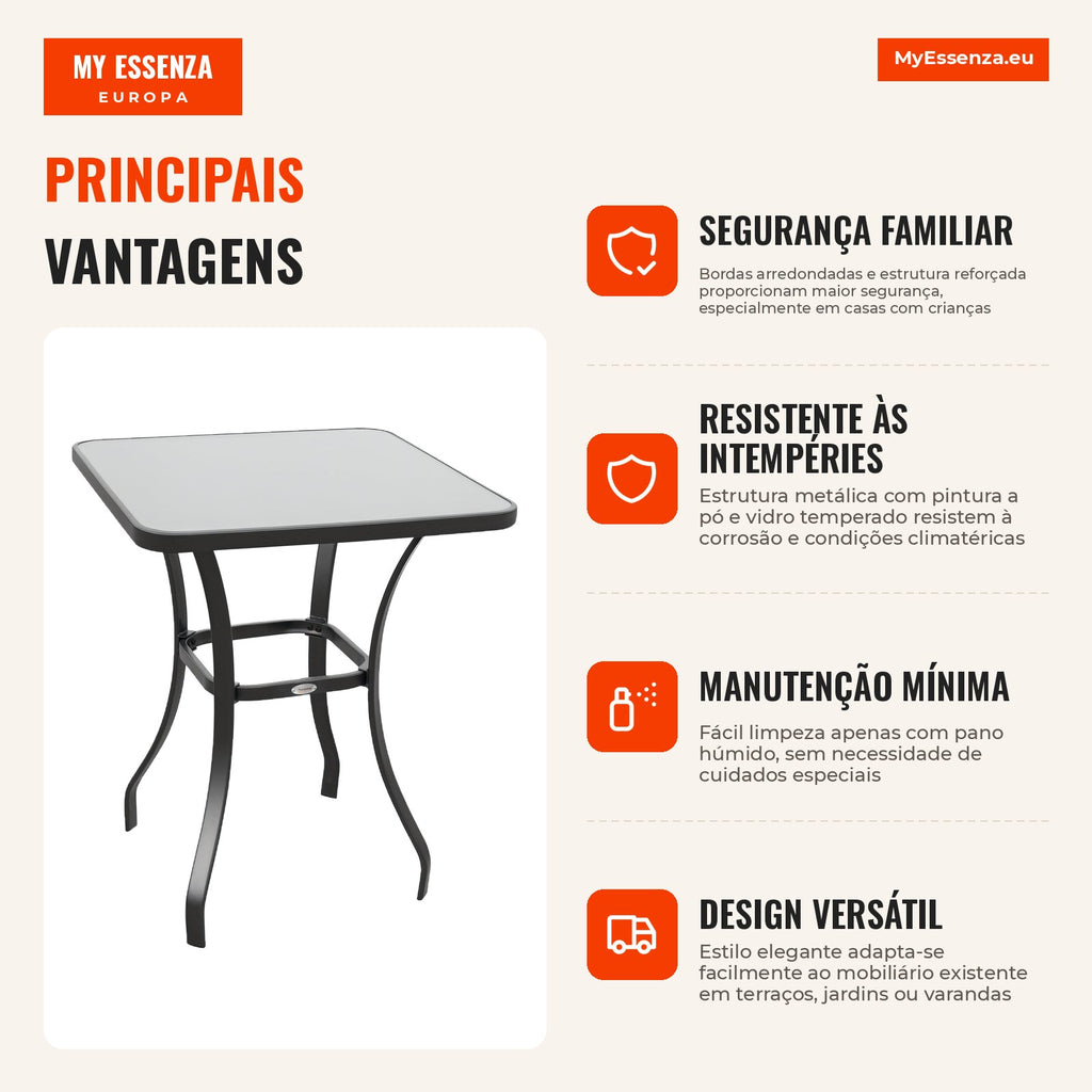 Tempered Glass Table with Rounded Edges for Patio Terrace Balcony 68.5x68.5x84 cm Black and Translucent — Infografia PT (vantagens)