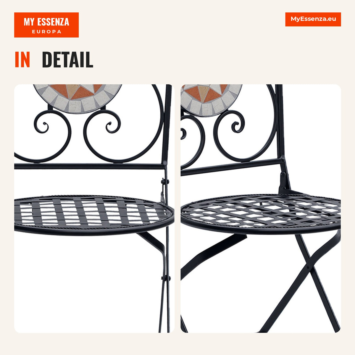 Set of 2 Folding Garden Chairs with Mosaic for Balcony Patio 50x40x94.5 cm Black — Infografia EN (detalhe)