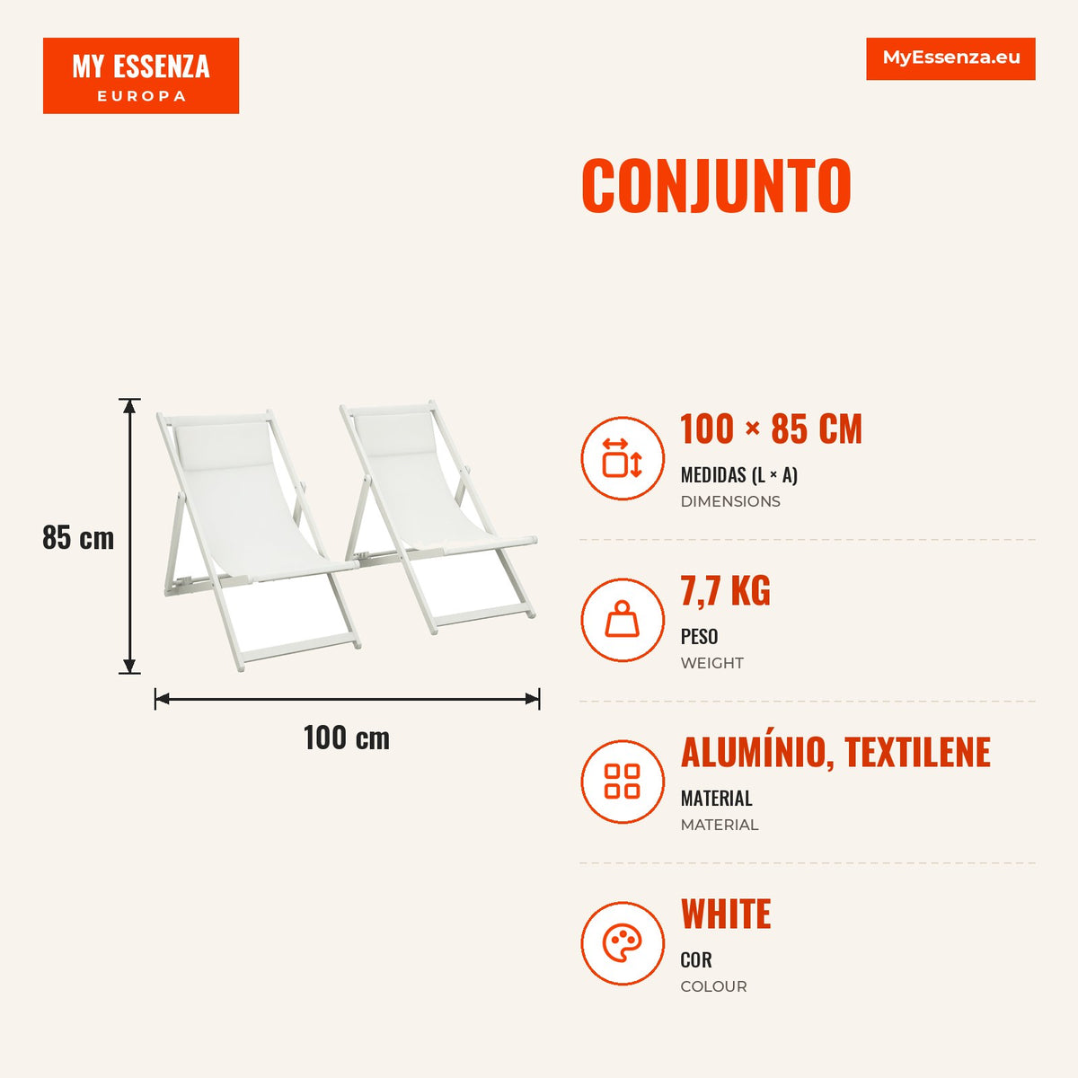Set of 2 Folding Aluminium Garden Sun Loungers with 5-Position Adjustable Backrest and Headrest for Terrace Patio Outdoo — Infografia PT (medidas)