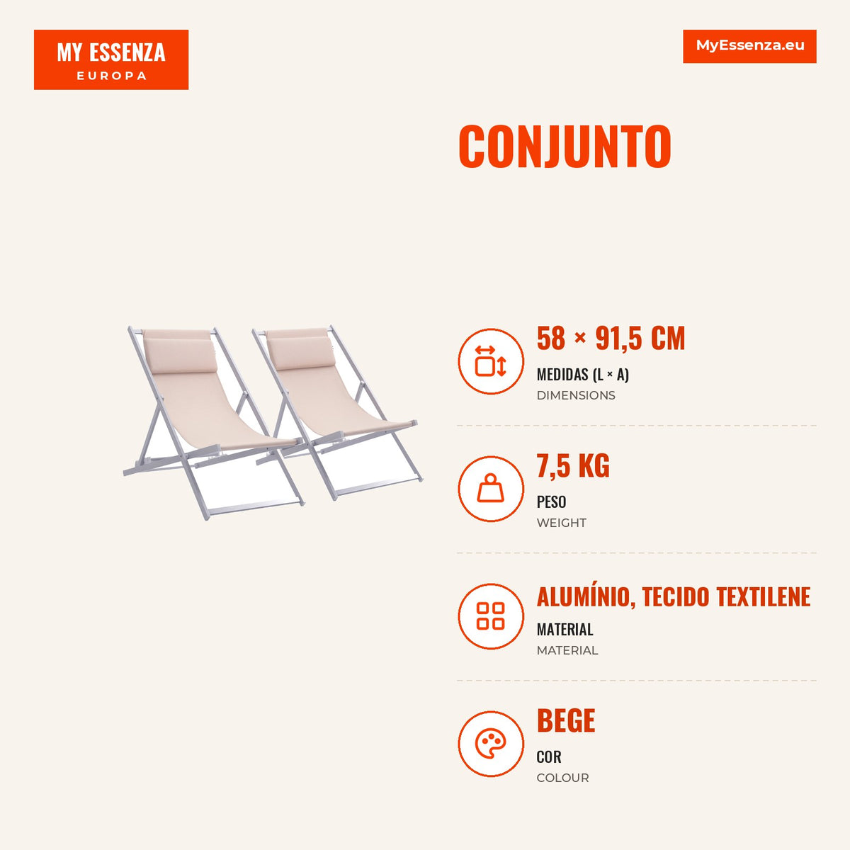 Set of 2 Folding Sun Loungers with 5-Position Adjustable Backrest and Padded Headrest 96.5x58x91.5cm Beige — Infografia PT (medidas)
