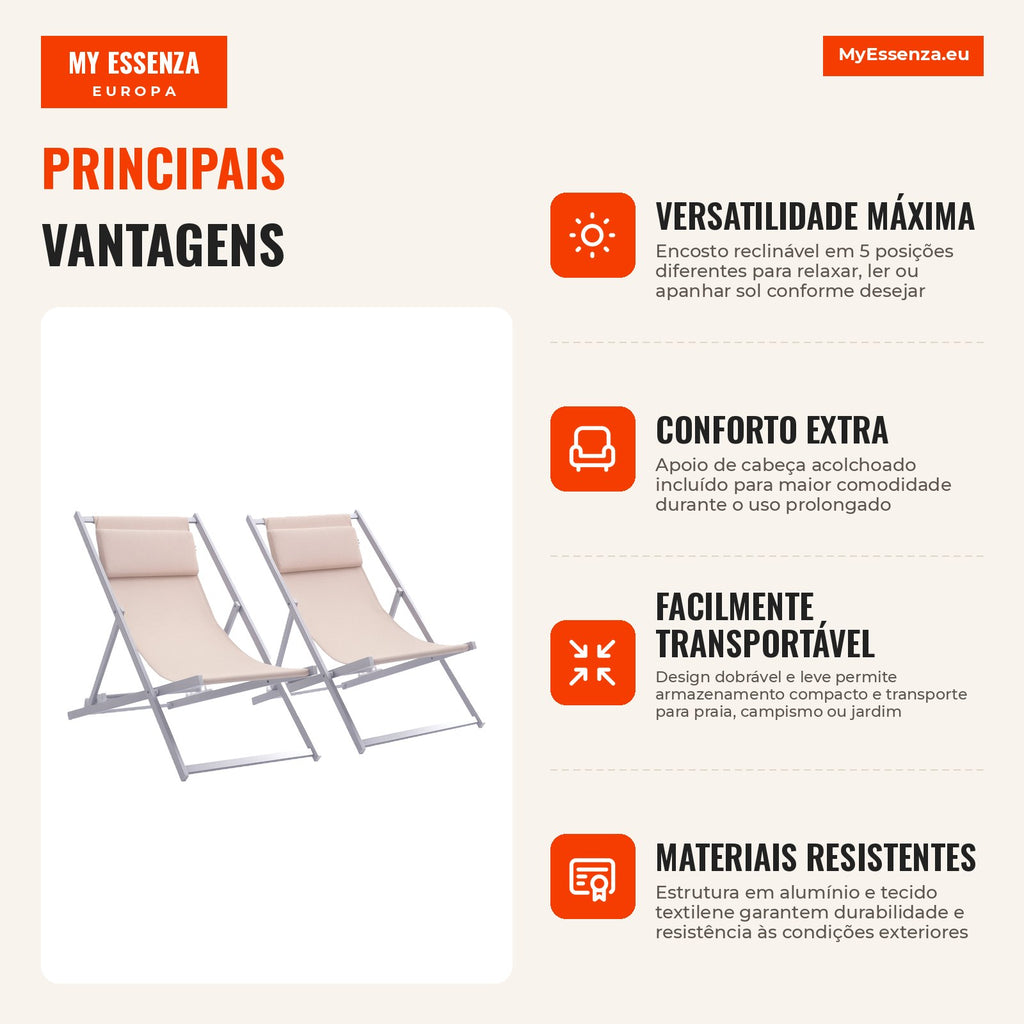 Set of 2 Folding Sun Loungers with 5-Position Adjustable Backrest and Padded Headrest 96.5x58x91.5cm Beige — Infografia PT (vantagens)