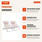 Set of 2 Folding Sun Loungers with 5-Position Adjustable Backrest and Padded Headrest 96.5x58x91.5cm Beige — Infografia PT (vantagens)