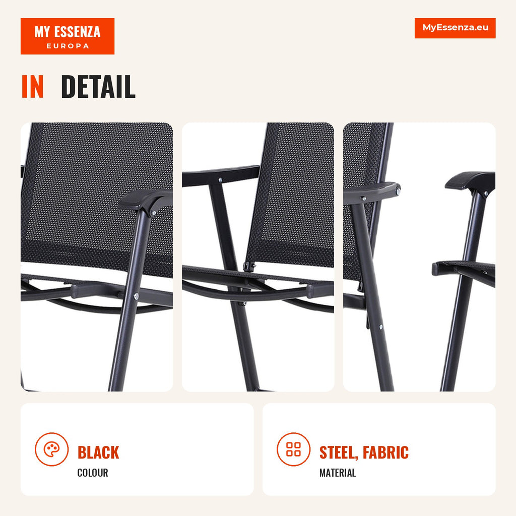 Set of 2 Folding Outdoor Chairs with Armrests, Textilene and Metal, 110 kg Load, 58x64x94 cm, Black — Infografia EN (detalhe)