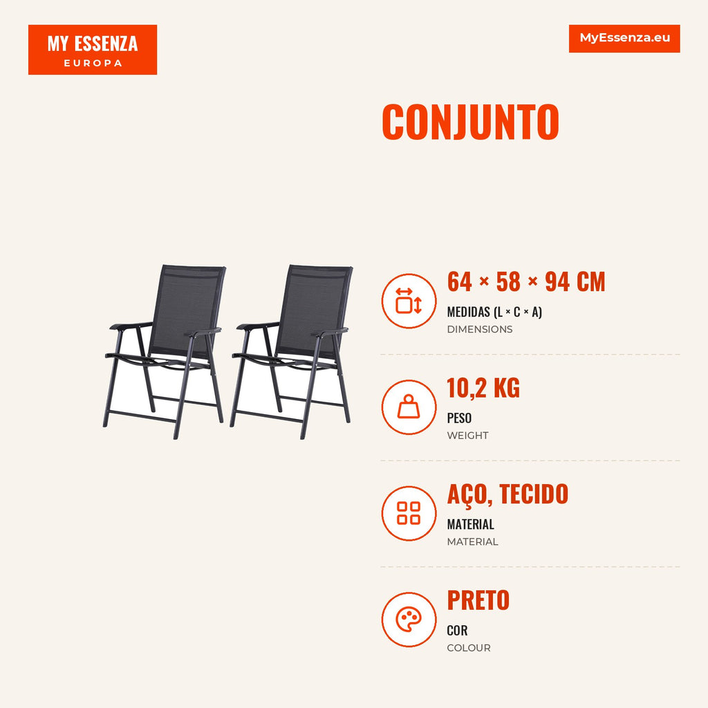 Set of 2 Folding Outdoor Chairs with Armrests, Textilene and Metal, 110 kg Load, 58x64x94 cm, Black — Infografia PT (medidas)