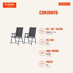 Set of 2 Folding Outdoor Chairs with Armrests, Textilene and Metal, 110 kg Load, 58x64x94 cm, Black — Infografia PT (medidas)