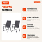 Set of 2 Folding Outdoor Chairs with Armrests, Textilene and Metal, 110 kg Load, 58x64x94 cm, Black — Infografia PT (vantagens)