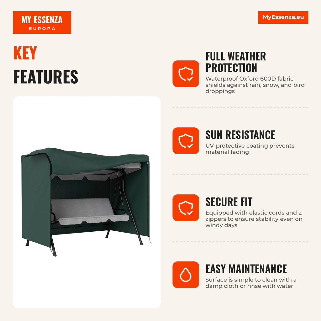 Garden Furniture Cover Outdoor Swing Protective Cover with Zipper 205x124x164cm Green — Infografia EN (vantagens)