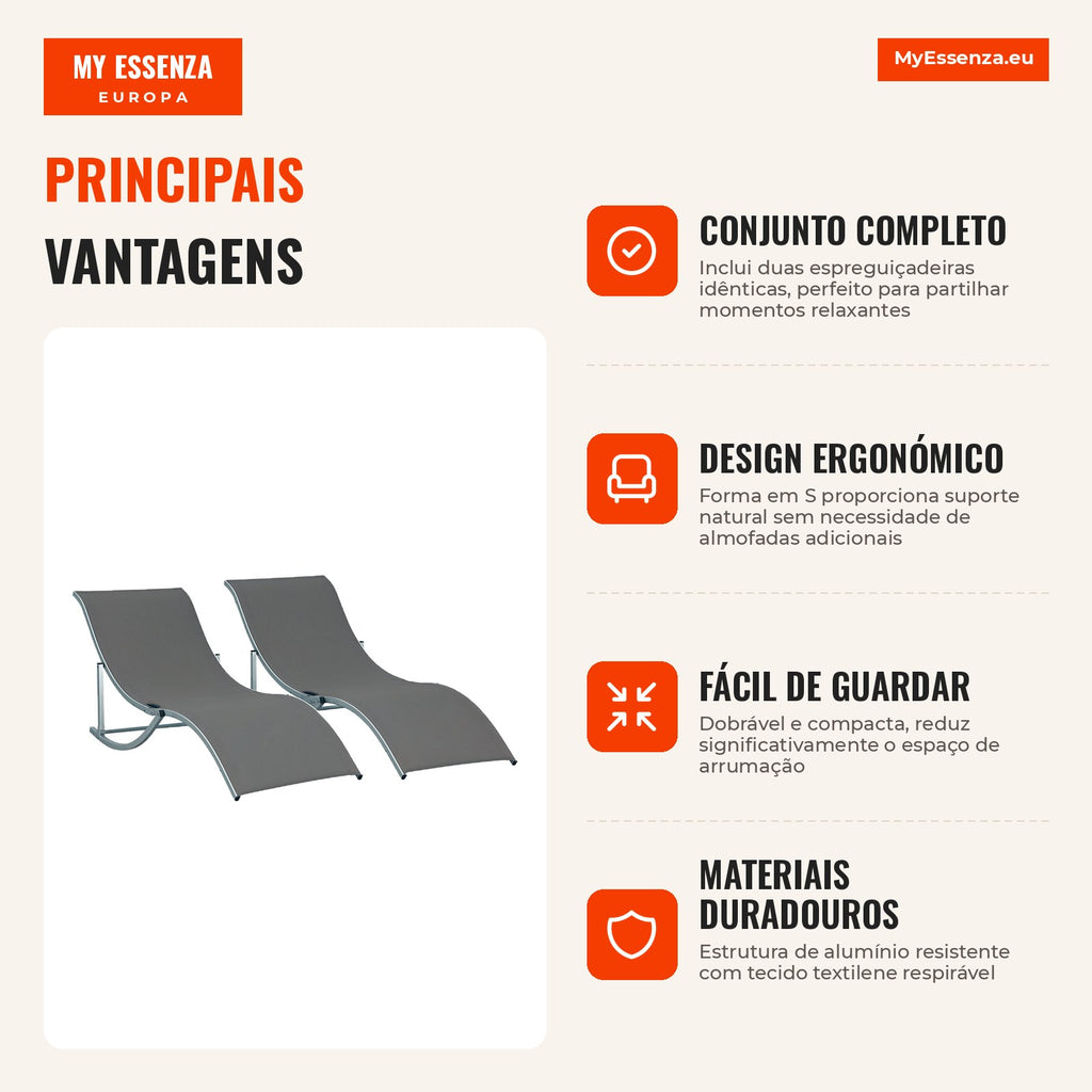 Set of 2 Ergonomic S-Shaped Folding Sun Loungers with Aluminium Frame and Textilene for Pool, Patio, Garden & Balcony 16 — Infografia PT (vantagens)