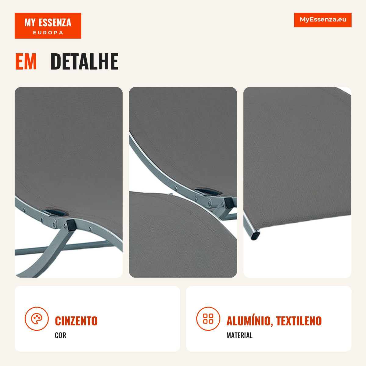 Set of 2 Ergonomic S-Shaped Folding Sun Loungers with Aluminium Frame and Textilene for Pool, Patio, Garden & Balcony 16 — Infografia PT (detalhe)