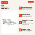 2 ergonomic S-shaped folding sun loungers with aluminium frame Textilene for pool, patio, garden and balcony 165x61x63 c — Infografia EN (vantagens)