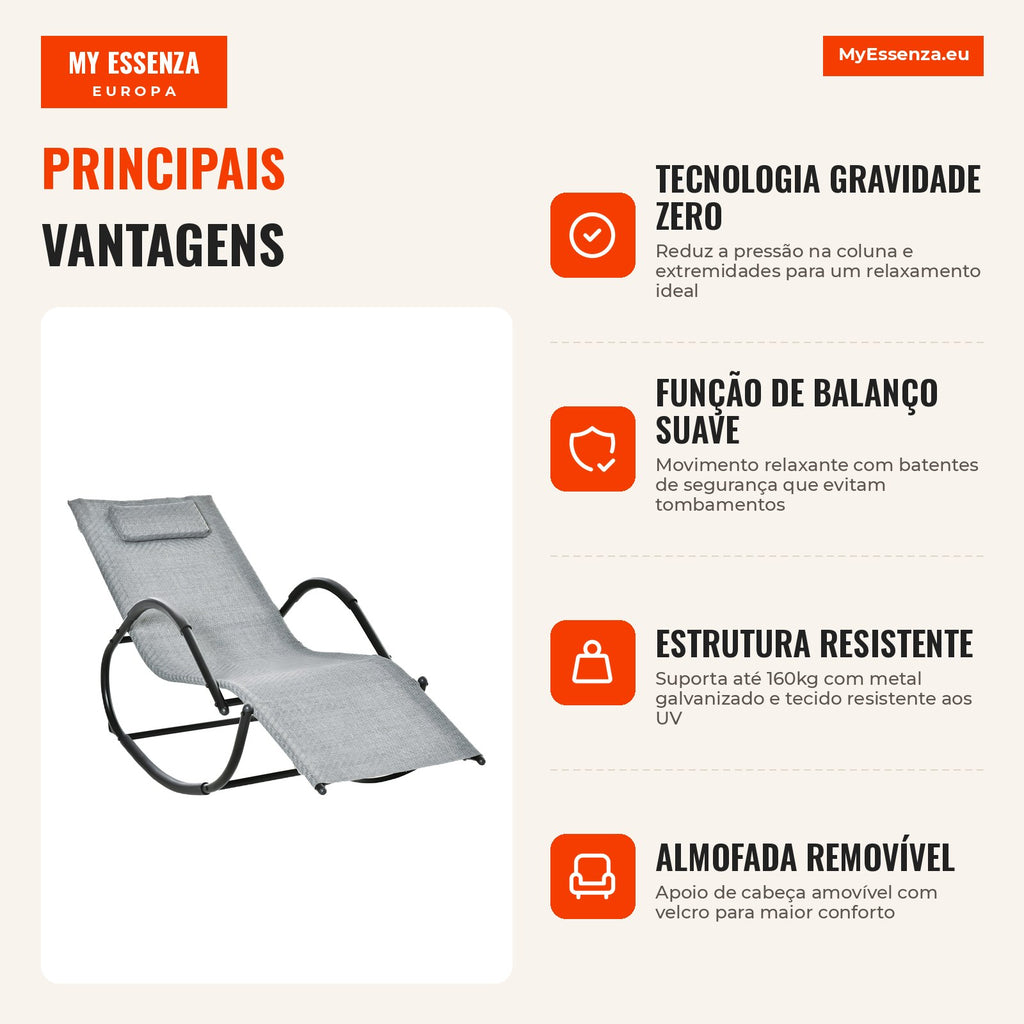 Outdoor Recliner Chair with Armrests and Rattan Effect for Garden Terrace Patio Load 160kg 61x160x79cm Grey — Infografia PT (vantagens)