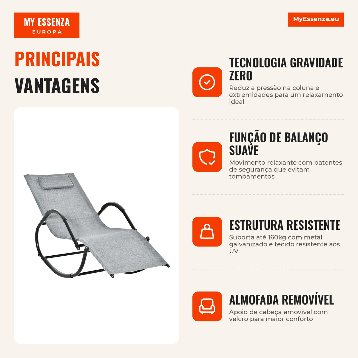 Outdoor Recliner Chair with Armrests and Rattan Effect for Garden Terrace Patio Load 160kg 61x160x79cm Grey — Infografia PT (vantagens)