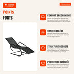 Ergonomic Garden Lounger with Headrest and Armrests, Upholstered in Breathable Textilene Fabric for Terrace Patio 59.5x1 — Infografia FR (vantagens)