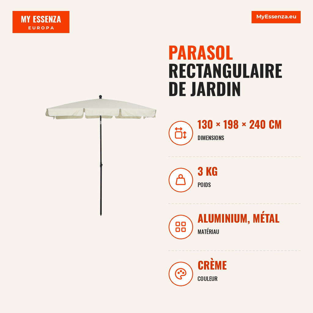 Rectangular Garden Parasol 198x130x240cm Aluminium Tiltable Parasol for Patio Cream — Infografia FR (medidas)