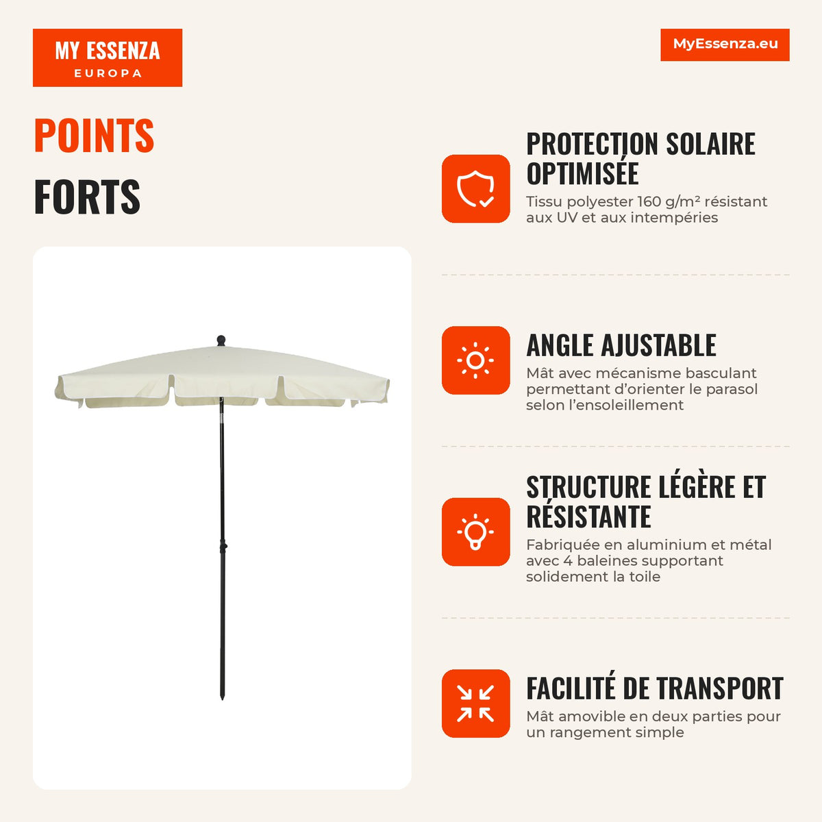 Rectangular Garden Parasol 198x130x240cm Aluminium Tiltable Parasol for Patio Cream — Infografia FR (vantagens)