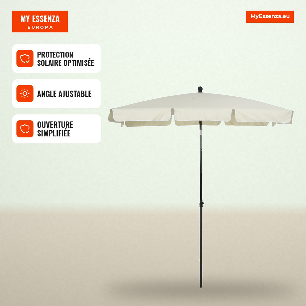 Rectangular Garden Parasol 198x130x240cm Aluminium Tiltable Parasol for Patio Cream — Infografia FR (em uso)