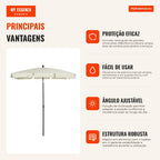 Rectangular Garden Parasol 198x130x240cm Aluminium Tiltable Parasol for Patio Cream — Infografia PT (vantagens)
