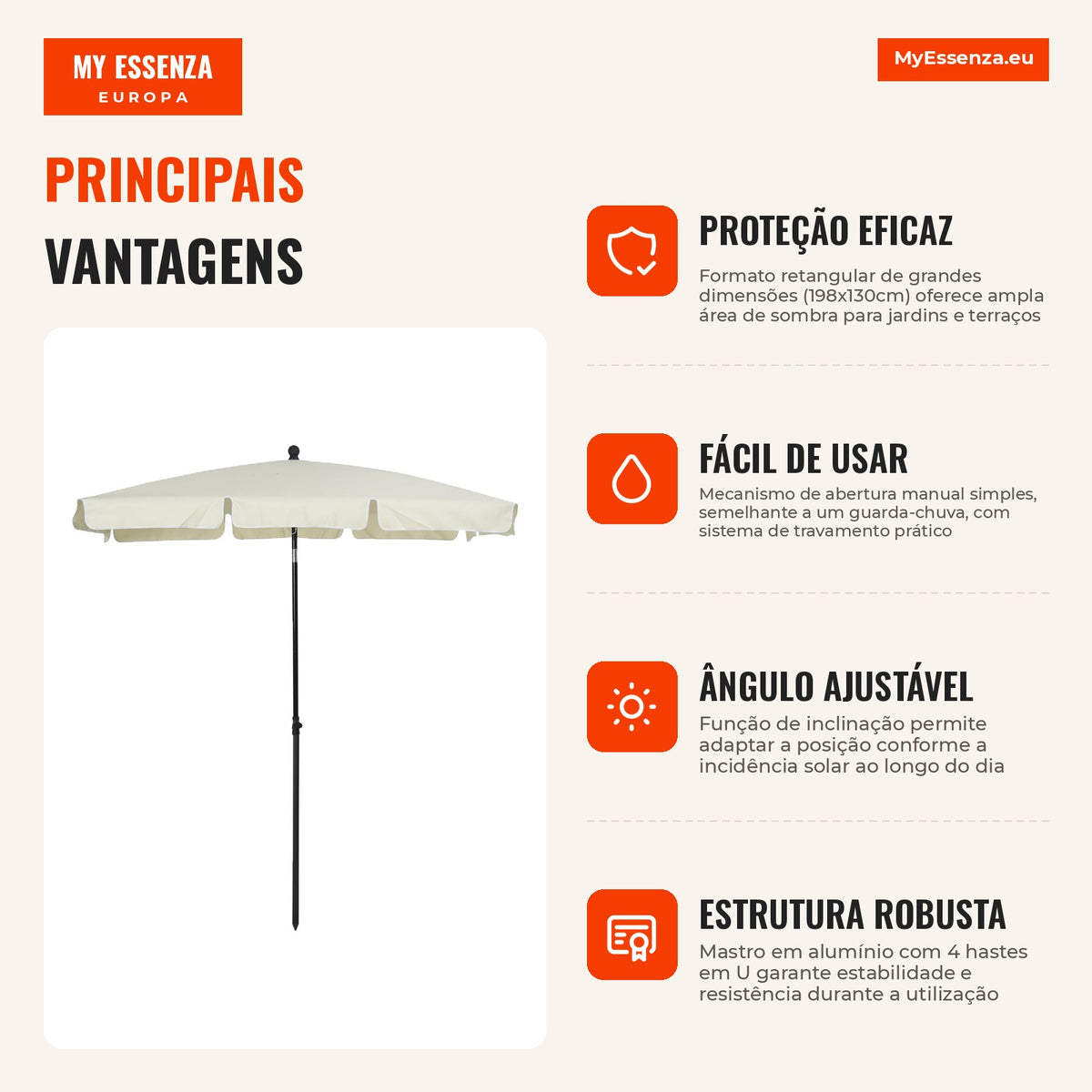 Rectangular Garden Parasol 198x130x240cm Aluminium Tiltable Parasol for Patio Cream — Infografia PT (vantagens)