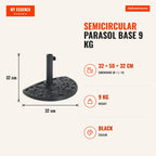 Semicircular Parasol Base 9 kg, Fits Poles 35mm, 38mm, 48mm, Cement Filled for Balcony Patio 50x32x32cm Black — Infografia EN (medidas)