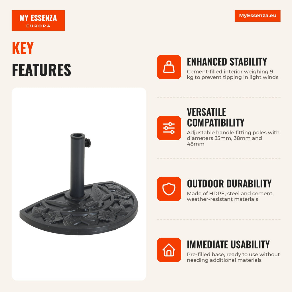 Semicircular Parasol Base 9 kg, Fits Poles 35mm, 38mm, 48mm, Cement Filled for Balcony Patio 50x32x32cm Black — Infografia EN (vantagens)