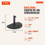 Semicircular Parasol Base 9 kg, Fits Poles 35mm, 38mm, 48mm, Cement Filled for Balcony Patio 50x32x32cm Black — Infografia PT (medidas)