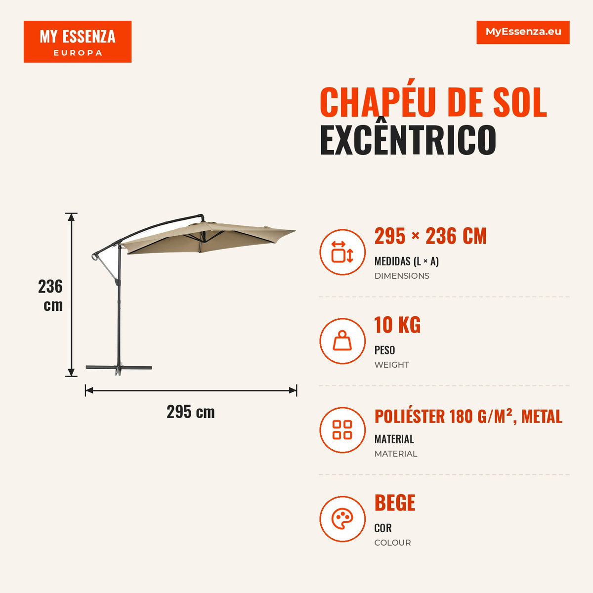 Offset Parasol Ø295x236 cm Manual Crank UV30+ Protection Ventilated Canopy Cross Base 6 Metal Ribs Garden Balcony Patio  — Infografia PT (medidas)