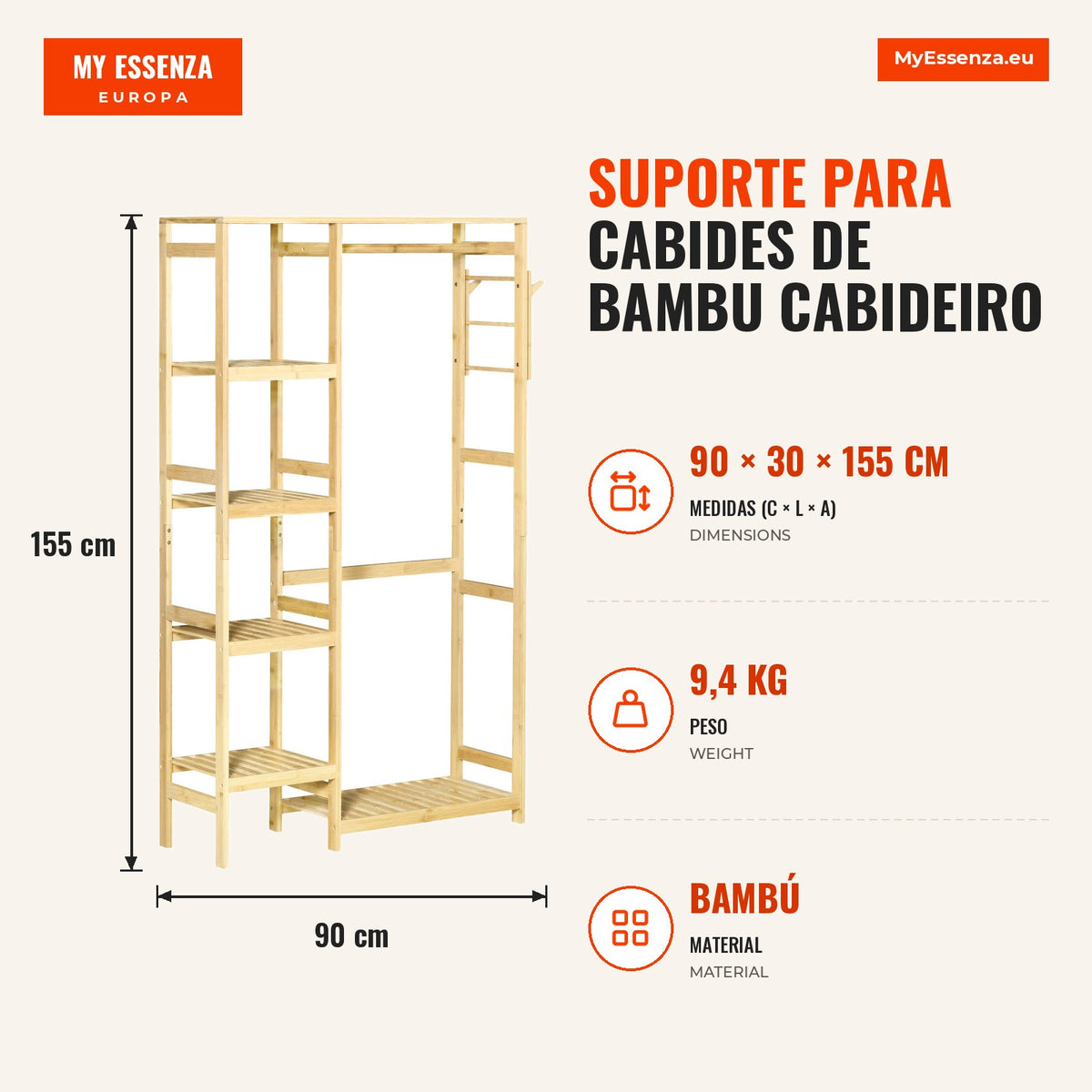 Bamboo Clothes Rack with 4 Shelves, Lower Bar and Side Hook 90x30x155cm — Infografia PT (medidas)