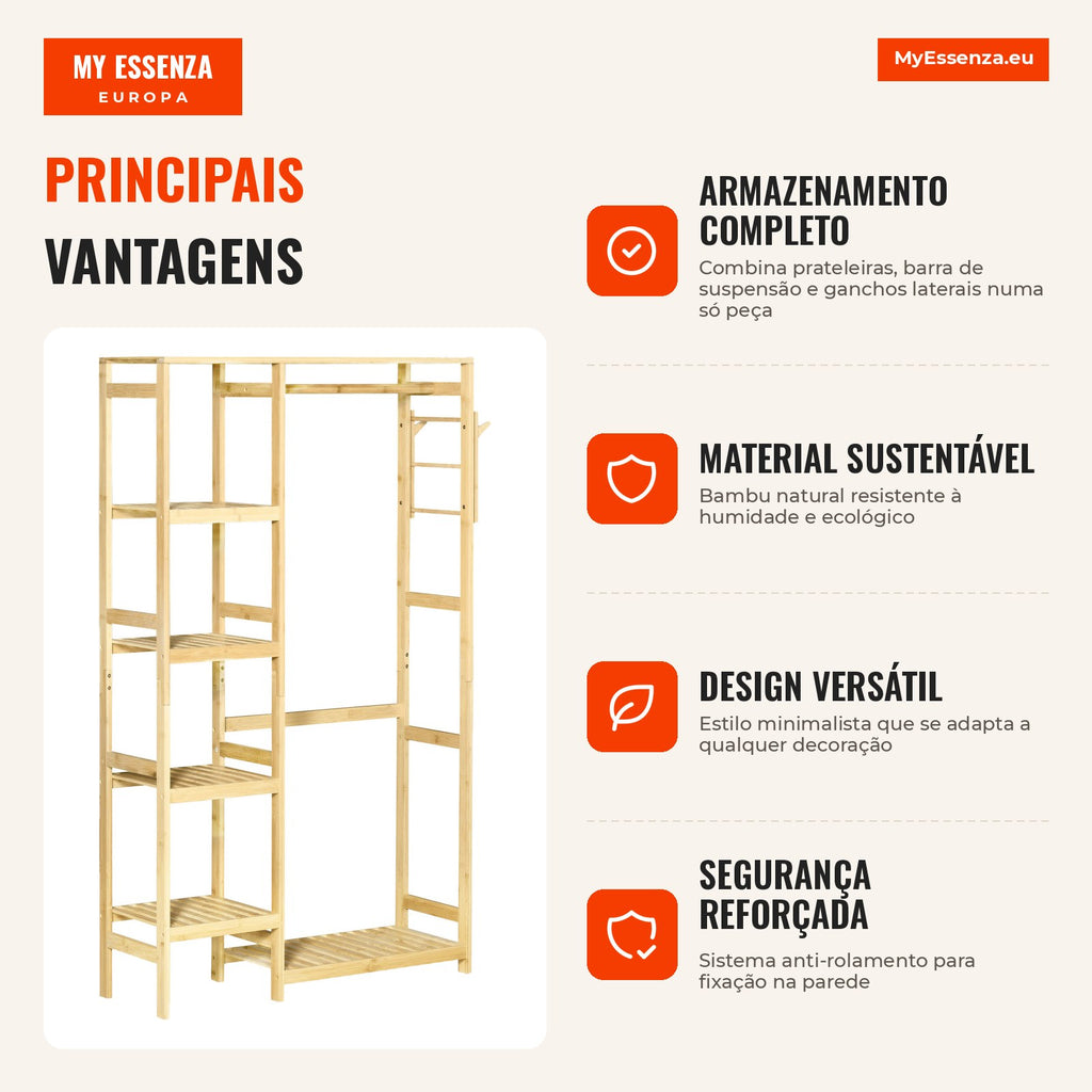 Bamboo Clothes Rack with 4 Shelves, Lower Bar and Side Hook 90x30x155cm — Infografia PT (vantagens)