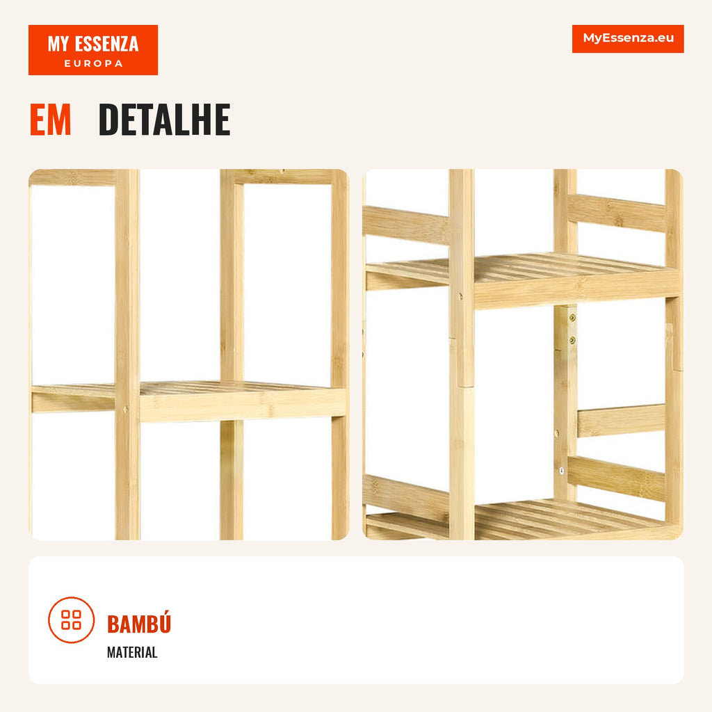 Bamboo Clothes Rack with 4 Shelves, Lower Bar and Side Hook 90x30x155cm — Infografia PT (detalhe)