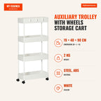 Auxiliary Trolley with Wheels Storage Cart with 4 Baskets and 4 Removable Hooks for Kitchen Bathroom Living Room 40x19x9 — Infografia EN (medidas)