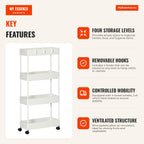 Auxiliary Trolley with Wheels Storage Cart with 4 Baskets and 4 Removable Hooks for Kitchen Bathroom Living Room 40x19x9 — Infografia EN (vantagens)