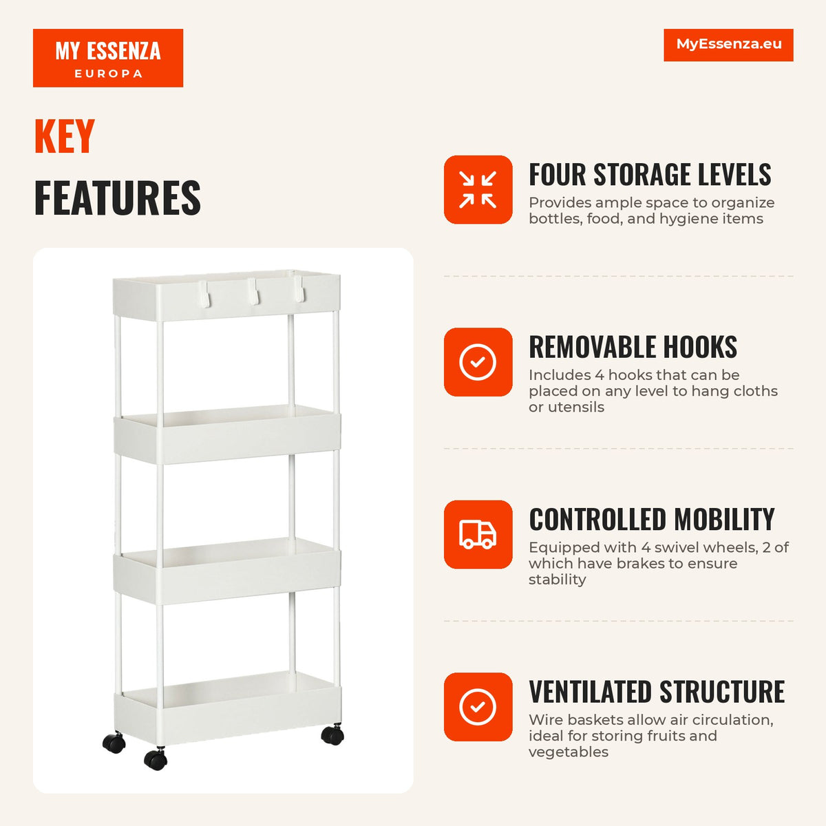 Auxiliary Trolley with Wheels Storage Cart with 4 Baskets and 4 Removable Hooks for Kitchen Bathroom Living Room 40x19x9 — Infografia EN (vantagens)