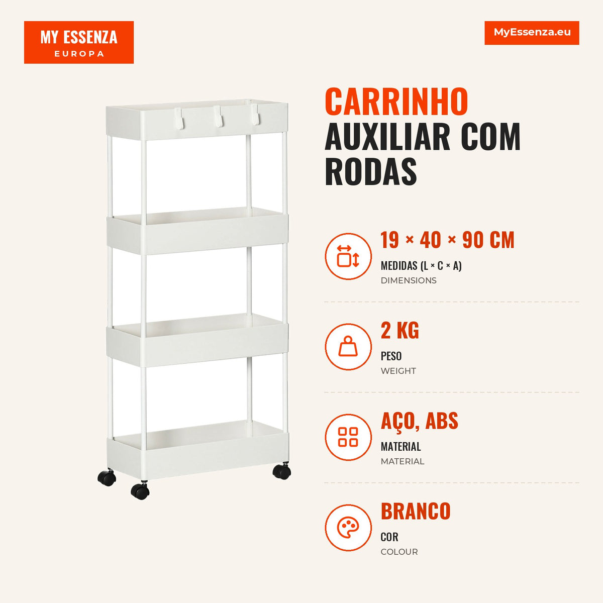 Auxiliary Trolley with Wheels Storage Cart with 4 Baskets and 4 Removable Hooks for Kitchen Bathroom Living Room 40x19x9 — Infografia PT (medidas)
