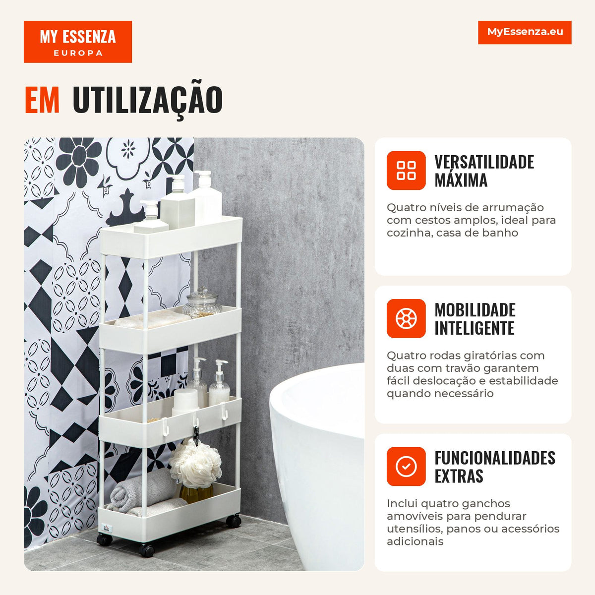 Auxiliary Trolley with Wheels Storage Cart with 4 Baskets and 4 Removable Hooks for Kitchen Bathroom Living Room 40x19x9 — Infografia PT (detalhe)
