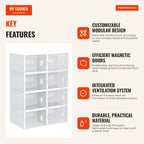 Modular Plastic Shoe Cabinet with 8 Cubes, Magnetic Doors, Shoe Organizer for Hallway, Corridor, Bedroom 25x35x19cm Tran — Infografia EN (vantagens)