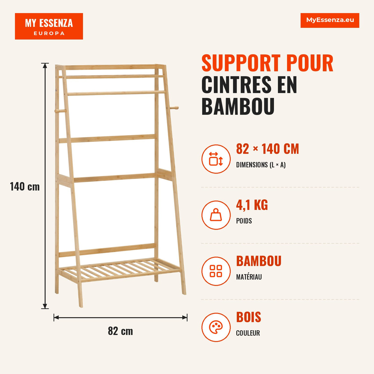 Bamboo Clothes Rack with 2 Open Shelves, Rod and Side Hooks for Clothes and Bags 82x36.8x140cm Wood — Infografia FR (medidas)
