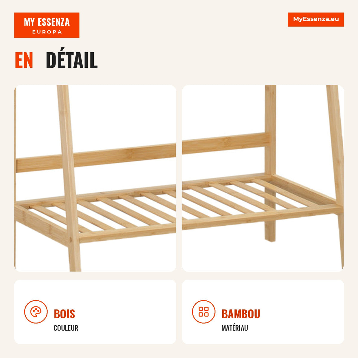 Bamboo Clothes Rack with 2 Open Shelves, Rod and Side Hooks for Clothes and Bags 82x36.8x140cm Wood — Infografia FR (detalhe)