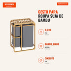 Bamboo Laundry Basket with 3 Removable Fabric Bags and Open Shelf for Bathroom Bedroom 50x32x69.7cm Grey and Wood — Infografia PT (medidas)