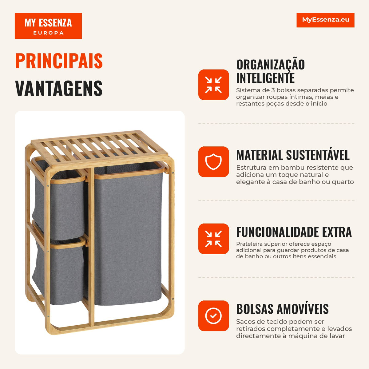 Bamboo Laundry Basket with 3 Removable Fabric Bags and Open Shelf for Bathroom Bedroom 50x32x69.7cm Grey and Wood — Infografia PT (vantagens)