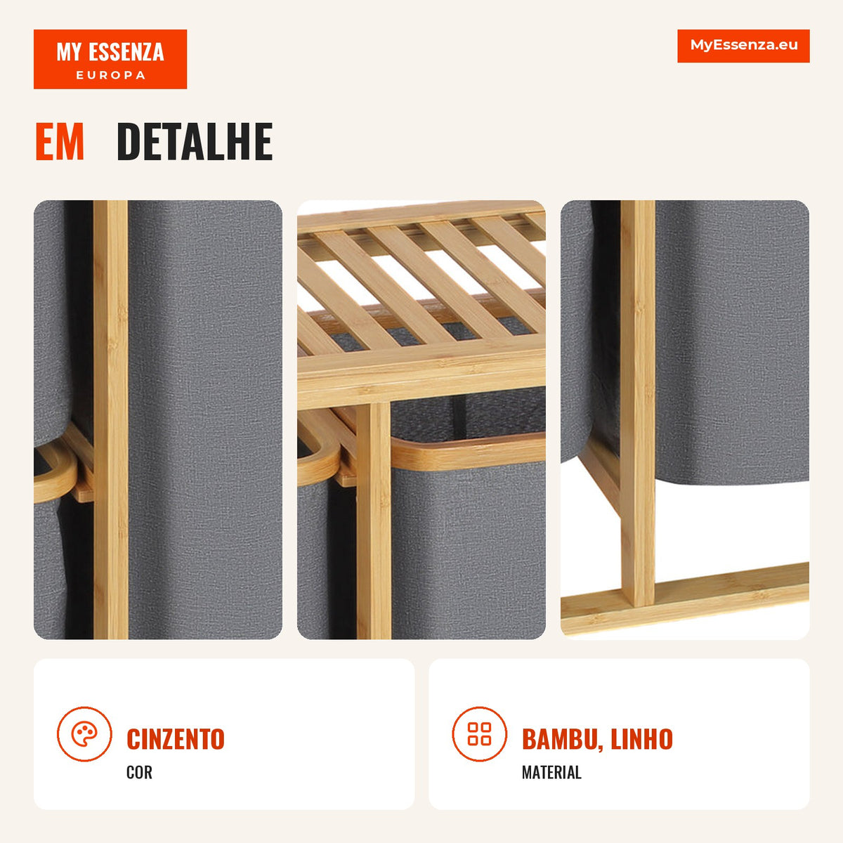 Bamboo Laundry Basket with 3 Removable Fabric Bags and Open Shelf for Bathroom Bedroom 50x32x69.7cm Grey and Wood — Infografia PT (detalhe)