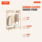 Bamboo Clothes Hanger Stand with 2 Storage Shelves, 2 Side Hooks and Hanging Rail 114x40x139 cm — Infografia EN (medidas)