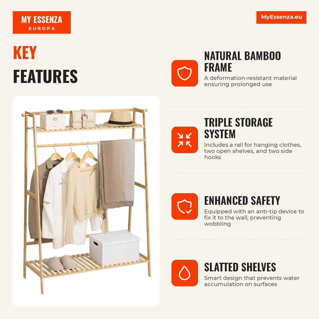 Bamboo Clothes Hanger Stand with 2 Storage Shelves, 2 Side Hooks and Hanging Rail 114x40x139 cm — Infografia EN (vantagens)